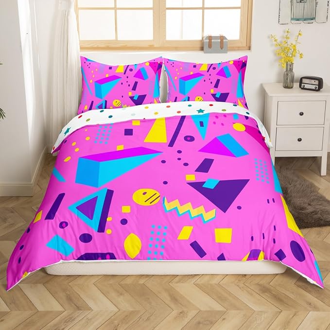 80s Bedding Set Memphis Pattern Old Fashion Comforter Cover,Vintage 90s Memphis Style Duvet Cover Abstract Geometric Pattern Retro Bed Set Full,Rainbow Urban Modern Circles Triangle Room Decor
