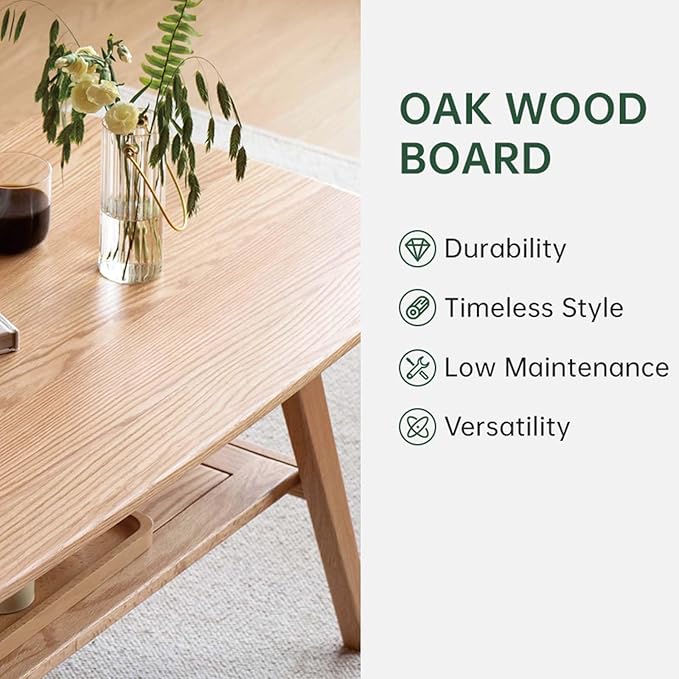 100% Solid Oak Wood Coffee Table for Living Room, 2-Tier Small Coffee Tables with Shelf Storage, Mid Century Modern Table with Rounded Corners (Natural, 39.37" x 19.68" x 17.32")