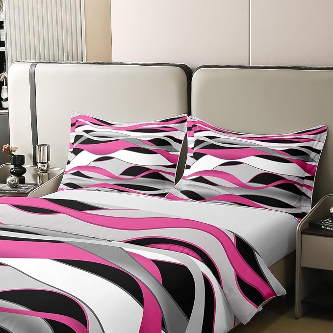 Erosebridal Pink Grey Black 100% Cotton Duvet Cover Full Geometric Spiral Bedding Set for Kids Teens Adults Modern Stripe Lines Comforter Cover Abstract Retro Stripes Bed Set 3 Pcs