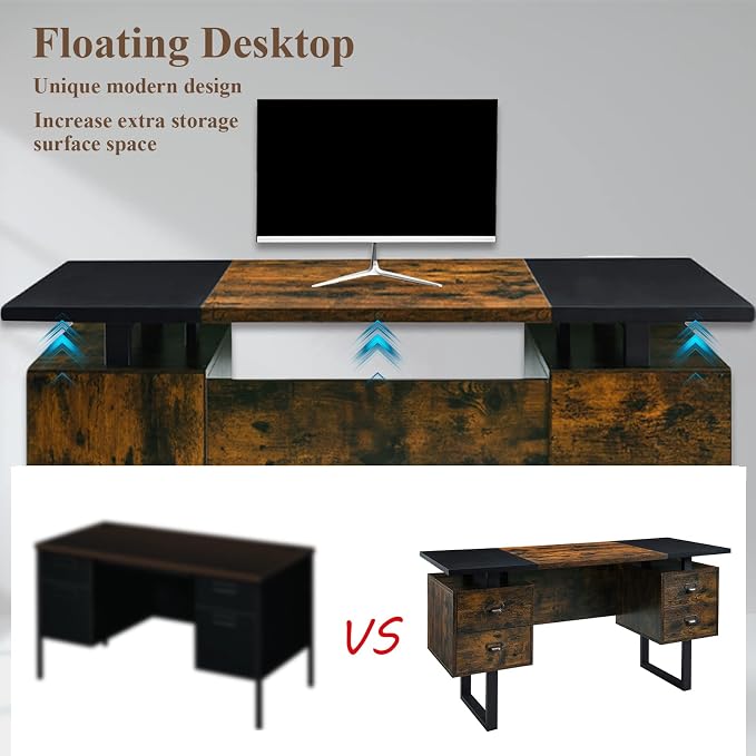 Computer Desk with Drawers 59" L Contemporary Home Office Laptop Desk with Floating Desktop and 4 Storage Drawers Vintage Study Gaming Table with Metal Frame Black & Rustic Brown CTSZ20401CM