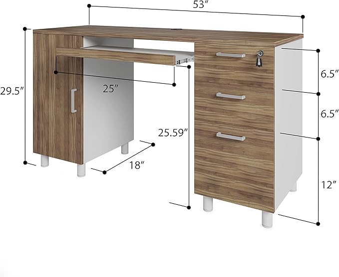 Modern Design Venice Computer Desk with Lockable Drawers, 53 Inch Home Office Desk with Storage Cabinet, Keyboard Tray & Cable Management, Modern Study Writing Desk for Small Spaces, Walnut and White