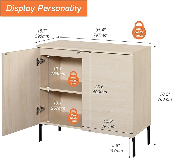 WAMPAT 31.5" Sideboard Buffet Cabinet with 2 Doors and Adjustable Shelves, Fluted Storage Cabinet, Modern Credenza Coffee Bar Wine Bar Table for Kitchen, Dining Room, Living Room,Beige