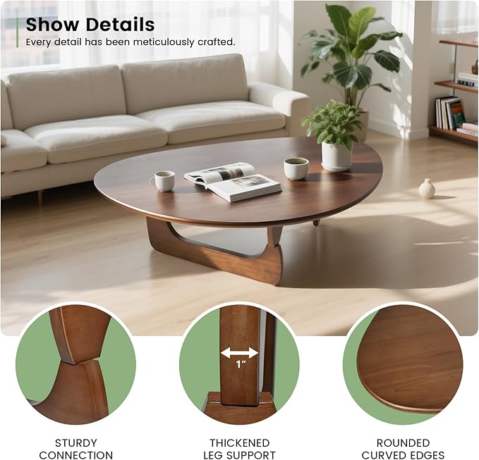 Solid Wooden Modern Triangle Coffee Table: Unique Funky Coffee Tables for Living Room, Oval Mid-Century Irregular Abstract Tea Tables for Patio Office Balcony Bedroom