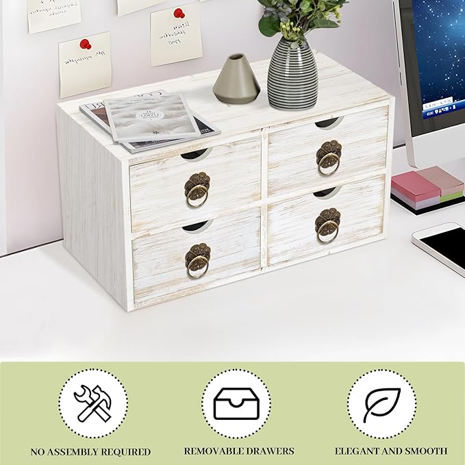 Wood Desk Organizer, White Wooden Desktop Organizer with Drawer, Tabletop Storage Organization Box for Countertop, Home Office Supplies Bills, 13.5x6.6x7.09 Inch(4 Drawer)