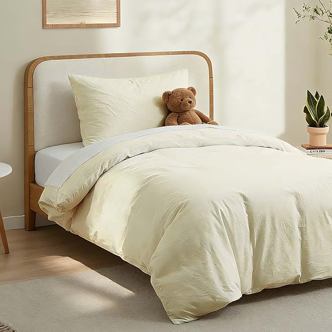 LOVQUE Cream White Cotton Duvet Cover Set, Linen-Like Natural Bedding Set with Zipper Closure (No Comforter), Twin Size, Duvet Cover (68"x90") x 1, Pillowsham(20"x26") x 1