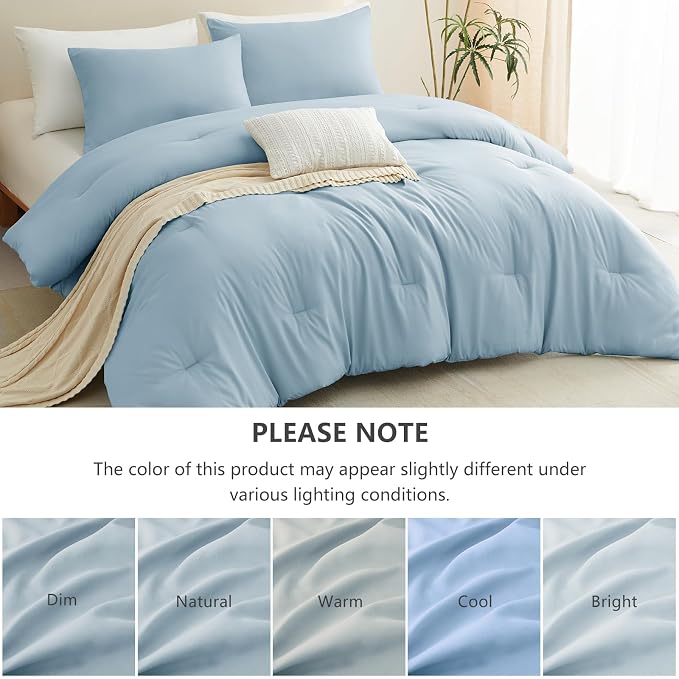 CozyLux Oversized King Comforter Set Light Blue, 3 Pieces 120"x98" Lightweight Down Alternative Quilted Bedding Sets, All Season Breathable Solid Comforter with 2 Pillowcases, Bed Set Gift for Home