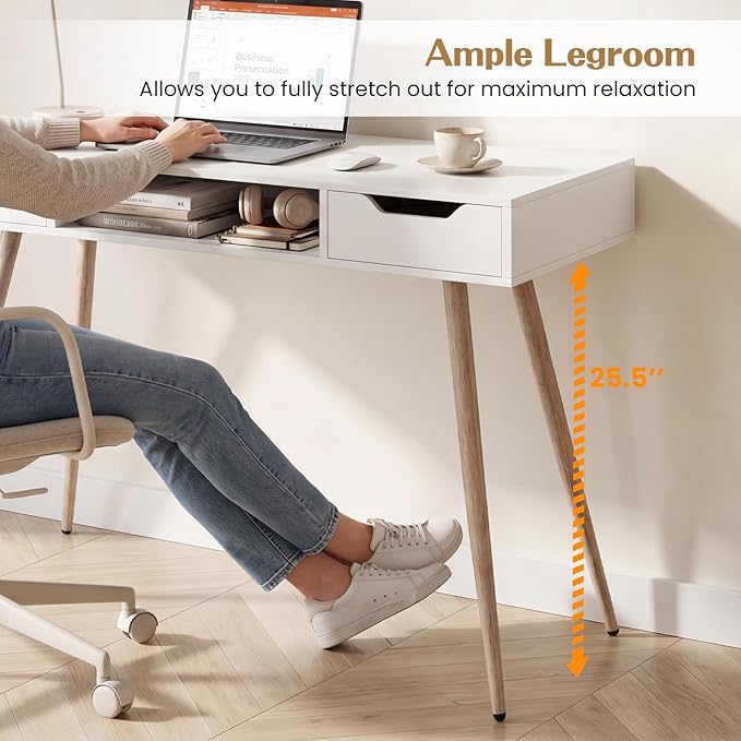Giantex White Computer Desk with Drawers, 42.5" Minimalist Mid Century Modern Vanity Writing Desk with Open Storage Cubby & Metal Leg, Compact Wooden Study Table for Small Spaces Home Office (White)