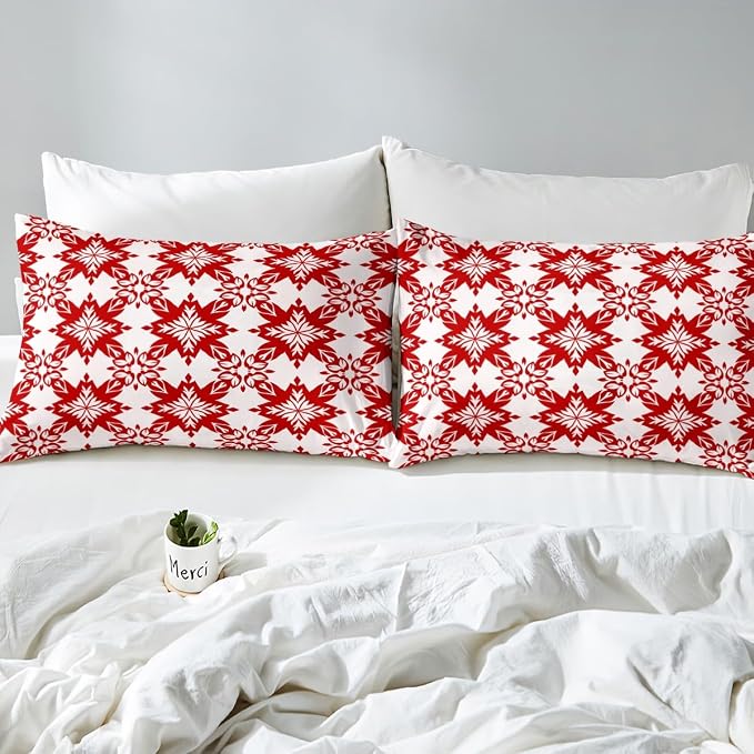 Red Geometric Floral Duvet Cover Twin for Kids Boys Girls,Classical Damask Flower Comforter Cover,Retro Vintage Art Bedding Set,Mid Century Aesthetic Bed Set with 1 Pillowcase Bedroom Decor