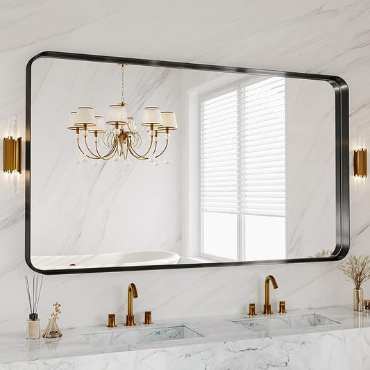 60x36 Inch Bathroom Mirror for Wall, Matte Black Metal Framed Bathroom Vanity Mirror for Restroom Farmhouse, Anti-Rust, HD Tempered Glass, Hangs Horizontally or Vertically