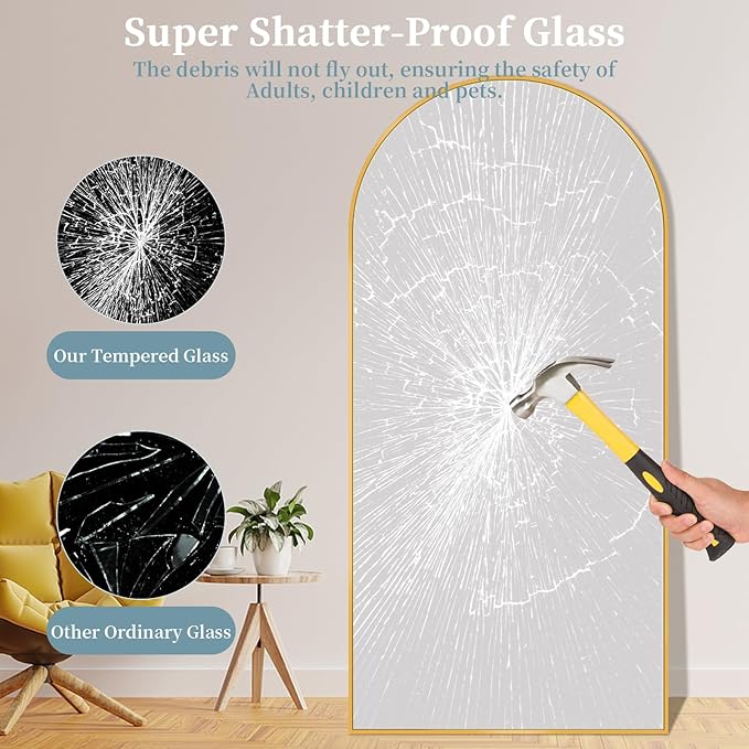 Full Length Mirror with Stand, 76"x34" Arched Full Body Mirror, Large Stand Up Mirrors, Aluminum Frame Floor Standing Mirrors, Freestanding Hanging Leaning Mounted for Bedroom Living Room, Gold