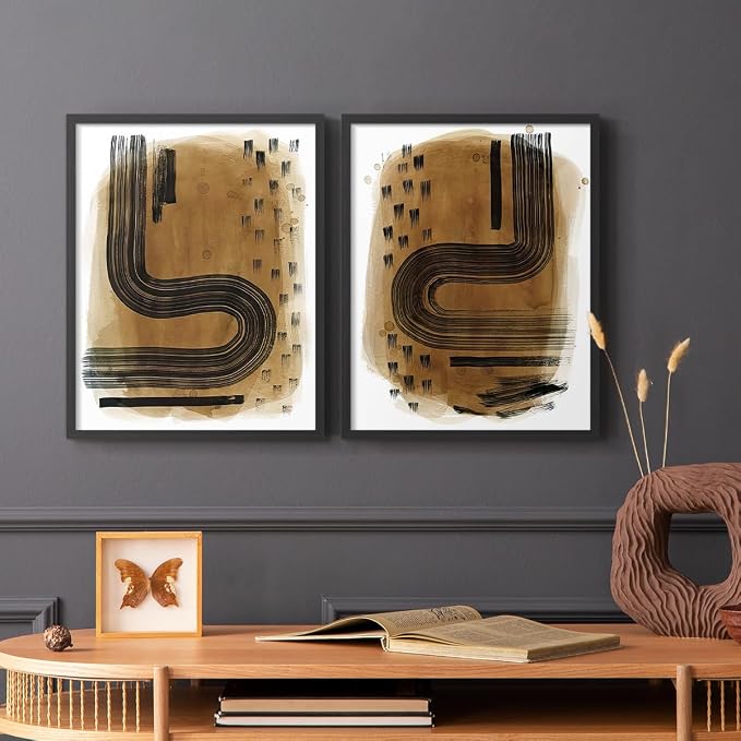 Renditions Gallery Set of 2 Peel & Stick Framed Prints, Abstract Wall Art, Hand Drawn Ink Curves Wall Decor, Re-Stickable - Ready to Hang - 8"x10" - Black Frame LT588