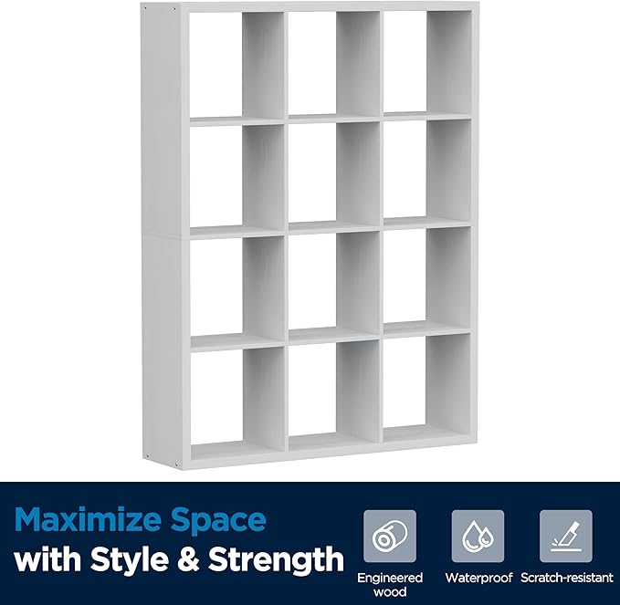 12-Cube Storage Organizer, Wooden Cube Shelf Bookcase with Reinforced Thick Shelves, Heavy-Duty 36.93" L x 9.37" W x 48.82" H, for Living Room Bedroom Home Office, White