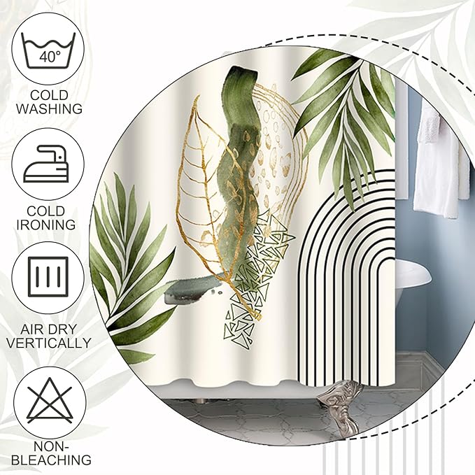 Baocicco Boho Shower Curtain Green Gold Leaves Modern Abstract Geometric Minimalist Shower Curtains Decorative for Bathroom Waterproof Fabric Shower Curtain with Hooks 72x78 Inches