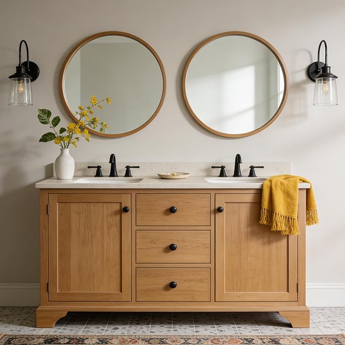 WallBeyond 28 Inch Natural Round Wood Mirror, Large Circle Wooden Frame Wall Mirror for Bathroom, Living Room, Bedroom, Entryway