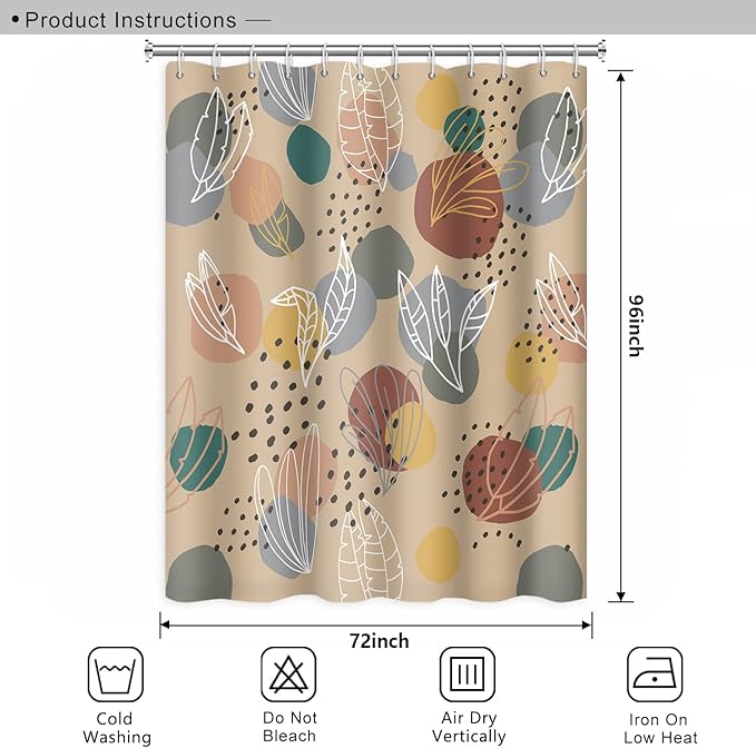 Abstract Mid Century Shower Curtain for Bathroom Boho Leaves Colorful Geometric Pattern Washable Polyester Durable Fabric Aesthetics Bath Shower Curtain with Hooks, 72x96 Inch