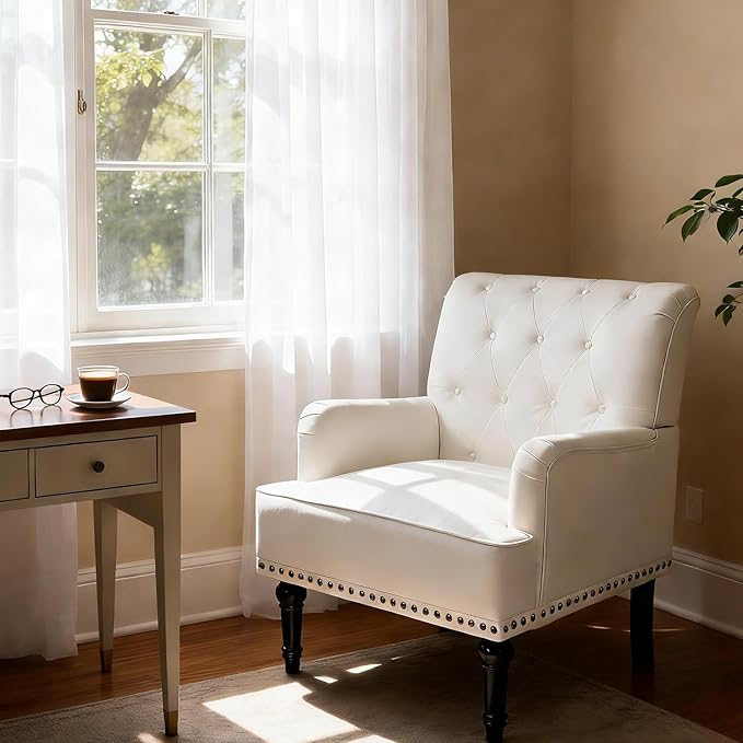 MOJAY PU Leather Accent Chair, Mid-Century Armchair Living Room Sofa Chair with Rubber Wood Leg, Club Chair with Rivet Trim for Bedroom Reading Room Reception (White)