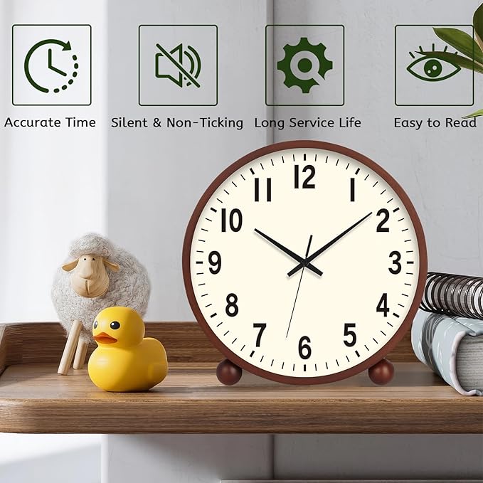 Maxspace Wooden Table Clock,8in Silent Non-Ticking Desk Clock,Battery Operated Desktop Analog Clock for Living Room Bedroom Kitchen Office Classroom Decor (Walnut - Cream Finish)