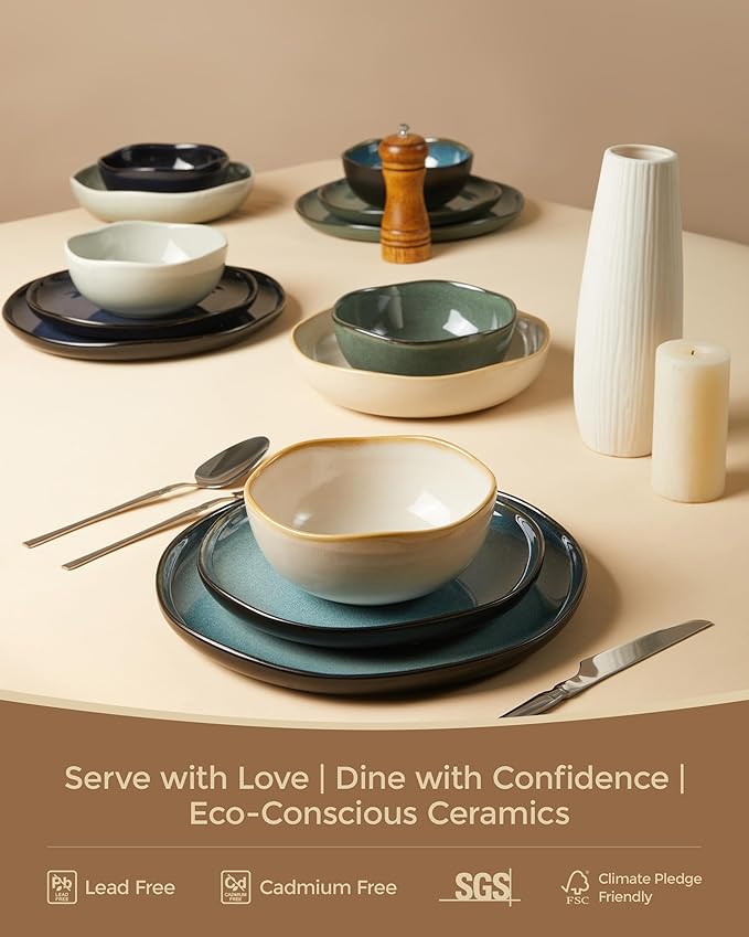 32 Piece Dinnerware Set for 8 with Pasta Bowls, Yellow White Reactive Glaze Stoneware | All‑in‑One Host Set for Entertaining, Holiday Meals, Multi‑Course Dish Set | Unique Irregular Look