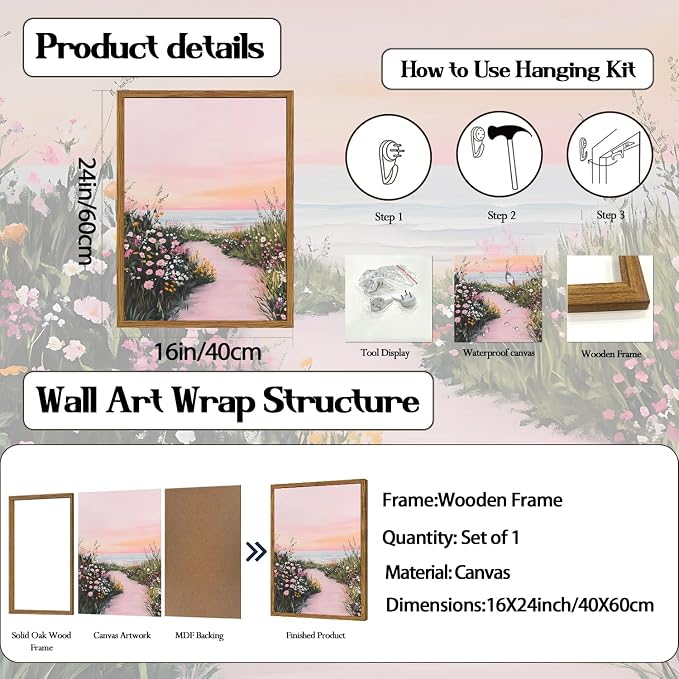 Framed Vintage Landscape Wall Art, Pink Floral Coastal Pictures Wall Decor, Rustic Wildflower Nature Paintings Canvas Prints Home Decor Aesthetic for Living Room Bedroom Bathroom 16x24 inch