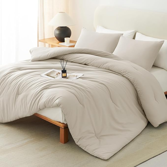 CozyLux King Size Comforter Set Oatmeal, 3 Pieces Lightweight Down Alternative Quilted Bedding Sets, Gray All Season Soft Breathable Solid Comforter with 2 Pillowcases, Luxury Bed Set Gift for Home