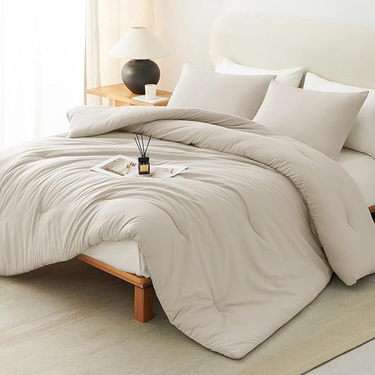 CozyLux Full Size Comforter Set Oatmeal, 3 Pieces Lightweight Down Alternative Quilted Bedding Sets, All Season Soft Breathable Solid Comforter with 2 Pillowcases, Luxury Bed Set Gift for Home