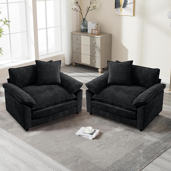 Modern Oversized Chair Set of 2, Comfy Chenille Accent Chair Large Upholstered Armchair with Extra Thick and Deep Seat Lounge Chair for Living Room,Bedroom,Apartment (Black)