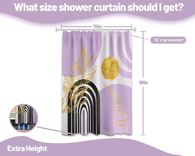 Mid Century Modern Black and Purple Shower Curtain Boho Lavender Light Purple and Gold Shower Curtains for Girls Bathroom Decor Sets, Waterproof Cloth Fabric with Hooks, 70x96in