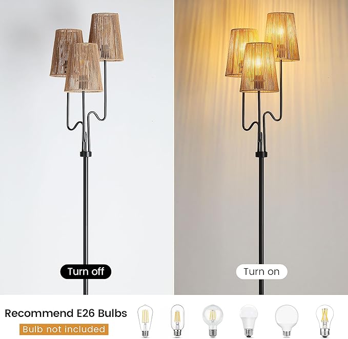 Boho Floor Lamp, 68in. Rattan Floor Lamps with Rattan Shade,3 Light Tree Standing Lamp for Bedroom,Nursery,E26 Socket, Living Room Floor Lamp for Rustic,Coastal, Beach or Bohemian Decor (Black)