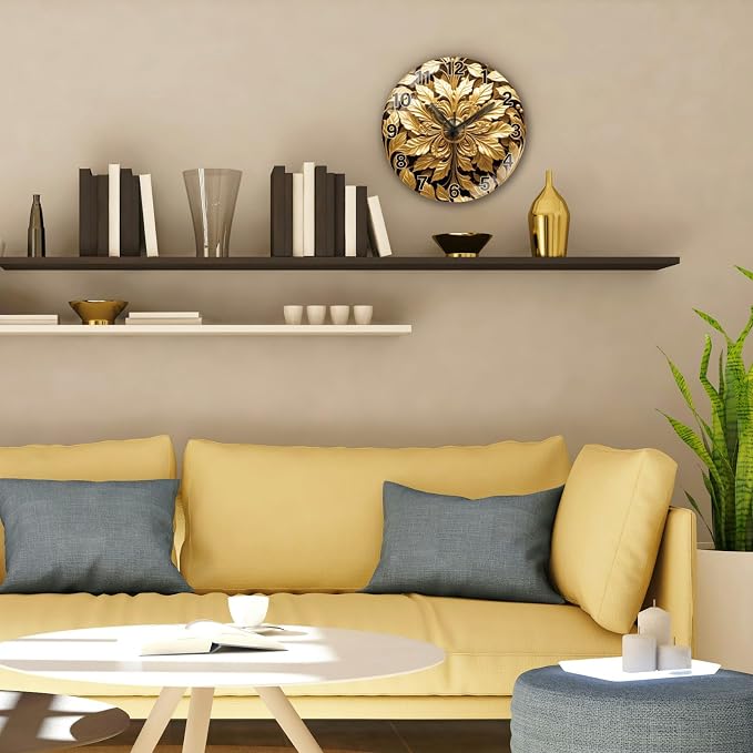 peacoblue Wall Clocks Battery Operated 12 Inch Golden Abstract Leaves Glass Round Wall Clock Non Ticking for Kitchen Living Room Dining Room Bedroom and Bathroom Decor (Battery not Included)