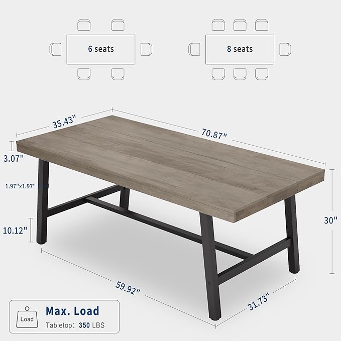 GarveeHome Industrial Dining Table for 6-8 People, 70.87" Long Wooden Kitchen Table with Sturdy Metal Frame & Grey Finish, Seats 6 Rectangular Counter for Dinner, Kitchen, Dining Room - Grey