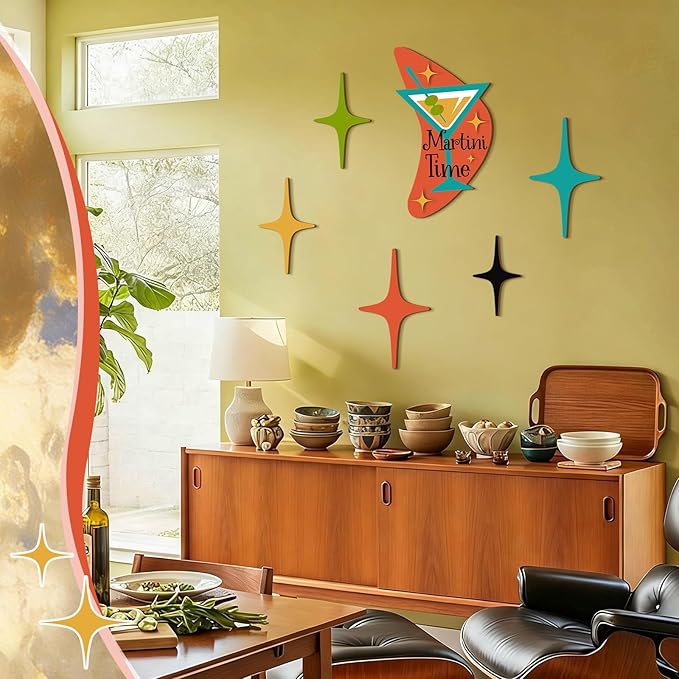 Amyhill 6 Pcs Mid Century Modern Decor Martini Time Mcm Decor Retro Atomic Star Wall Art Sculpture, Wooden Colorful Star Wall Art Elegance Accents for Home Bar Office Room Hanging Decorations