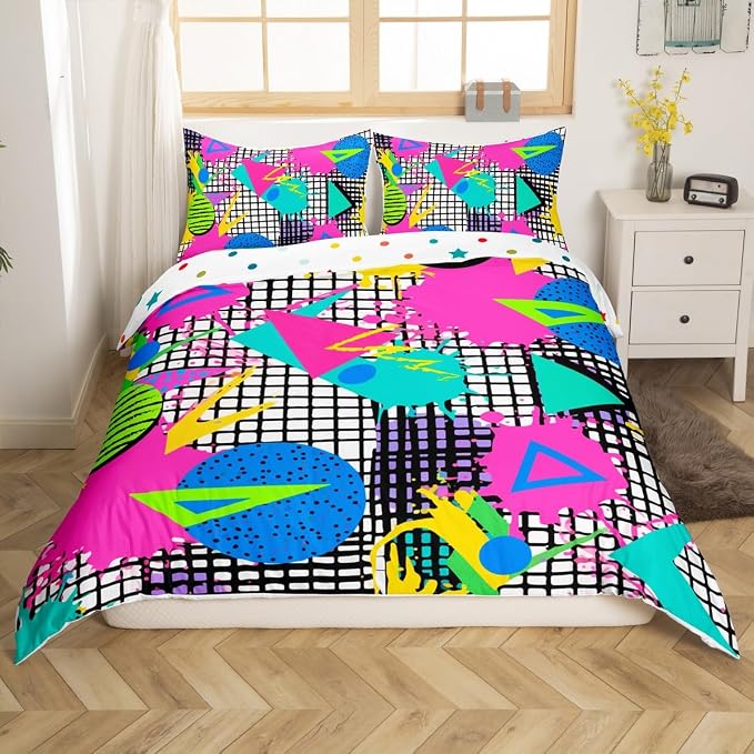 80s Bedding Set Memphis Pattern Old Fashion Comforter Cover,Vintage 90s Memphis Style Duvet Cover Abstract Geometric Pattern Retro Bed Set Full,Rainbow Urban Modern Circles Triangle Room Decor
