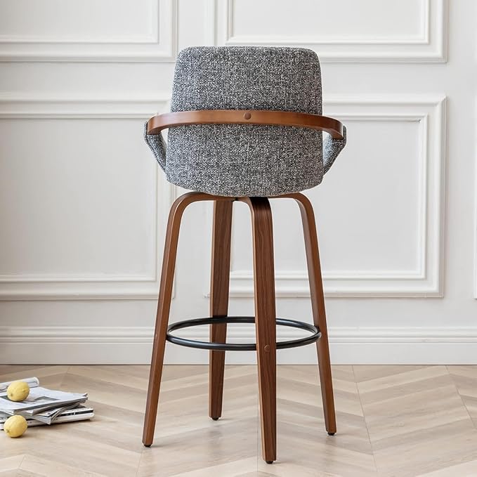 LUNLING 25.6" Counter Height Barstools Set of 3 Mid Century Modern Retro Bar Chairs Charcoal Gray Linen Look Fabric Upholstered and Walnut Wood Frame for Home Bar Furniture,Gray