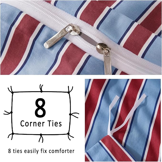 Merryword Burgundy and Blue Striped Duvet Cover Set King Size, 100% Cotton Bedding Set with Zipper Closure & 8 Corner Ties, Awning Stripe Bedding, Soft Breathable Comforter Cover for All Seasons