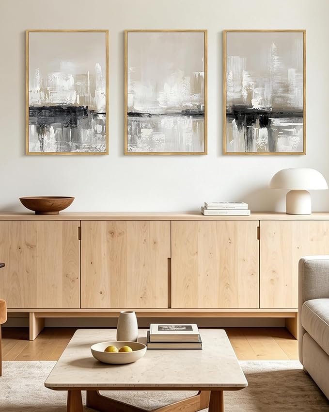 KUVIOKE Abstract Gray Framed Wall Art Neutral Brown Artwork Painting Morden Minimalist Wall Decor Rustic Home Decor 16x24in (Natural Framed)