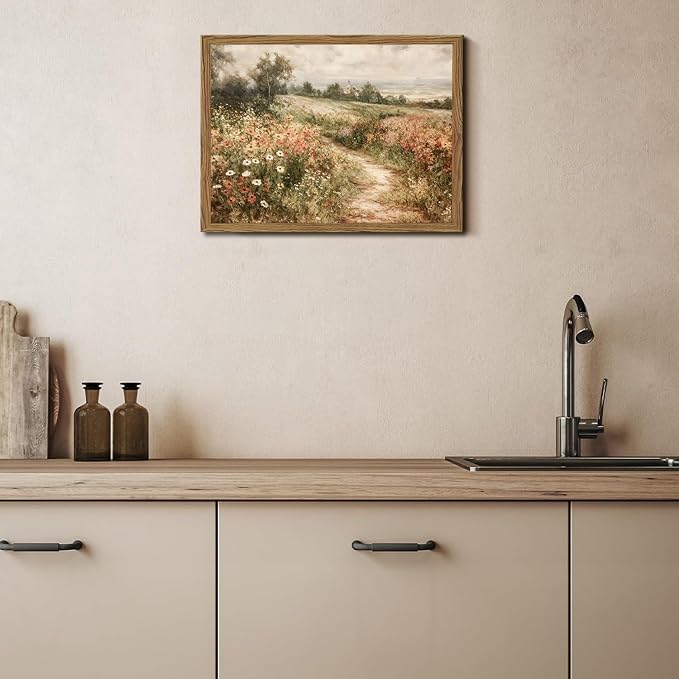 Vintage Floral Wall Art Nature Country Wildflower Wall Decor Painting Modern Botanical Flower Farmhouse Landscape Artwork 3D Textured Sandstone for Living Room Bedroom 16x24 inch Wood Framed