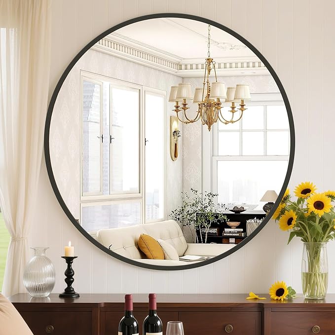 Sweetcrispy 30 Inch Round Wall Mirror with Tempered Glass, Bathroom Mirror Over Sink, Anti-Fog & Waterproof Round Mirrors for Bathroom, Entryway, Bedroom, Shatterproof Design, Black