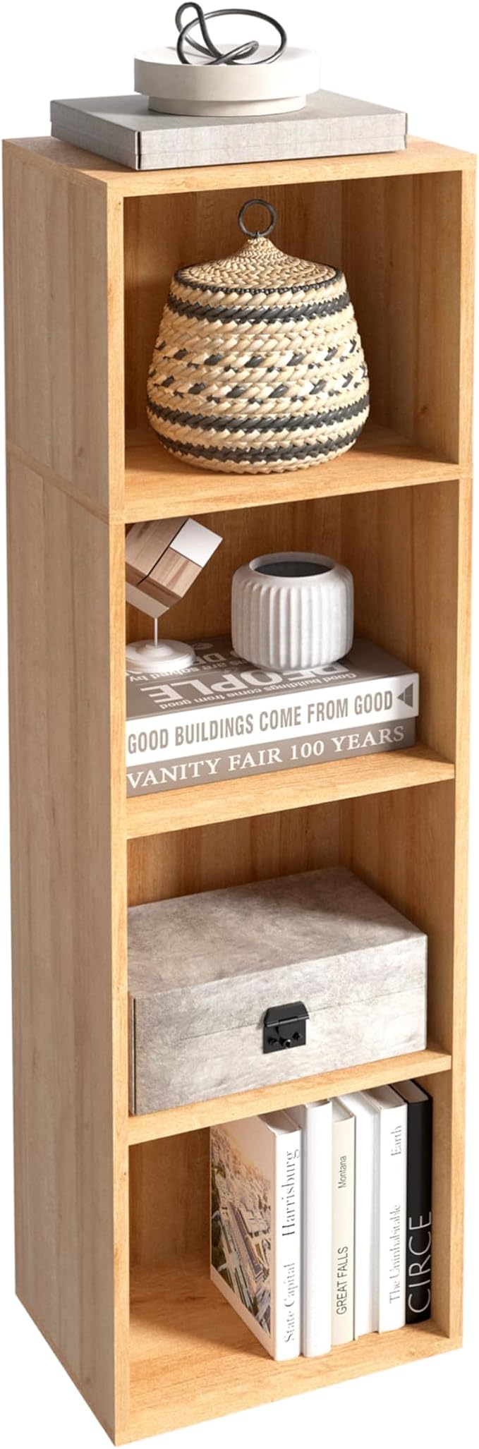 4-Tier Wooden Cube Storage Organizer, 42 Inch Tall Bookcase & Display Shelf with 4 Open Cubes, Freestanding DIY Closet Shelving Unit for Living Room Bedroom Office (Oak, 4 Cube-W(11.8inch)