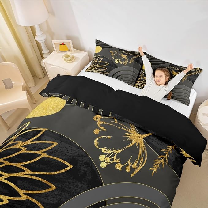 Erosebridal Gray Black Modern Duvet Cover Toddler Size for Minimalist | Abstract Mid Century Comforter Cover Bohemian Leaf Floral Botanical Bedding Set Aesthetic Modern Geometric Bed Set