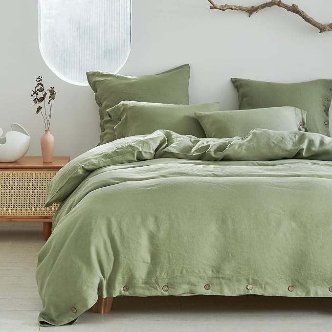 Simple&Opulence 100% Linen Duvet Cover Set 3pcs with Coconut Button Closure Natural French Washed Flax Solid Color Soft Breathable Farmhouse Bedding - Sage Green, Queen Size