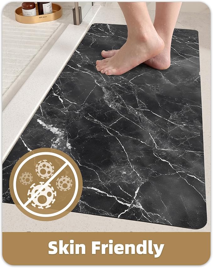 Color&Geometry Ultra Thin Bath Mat, Non Slip Quick Dry Rugs, Absorbent Marble Bathmat, 16"x24",Washable Rubber Mats for Shower Floor, in Front of Bathtub, Bathroom Decor, Black Marble-Patterned