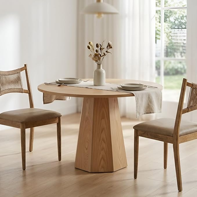 39” Round Solid Wood Dining Table for 4-5 People, Modern Pedestal Dining Kitchen Table, Farmhouse Small Wood Dining Table for Kitchen Easy Assemble, Saving Space, Brown