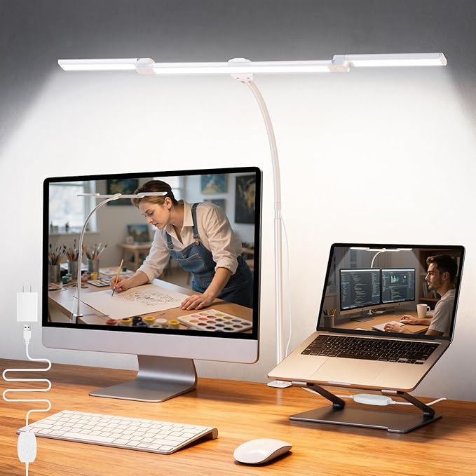 LED Desk Lamp for Office Home, Adjustable 3 Head Computer Monitor Light with Clamp, Eye Caring Clip on Desk Light Stepless Dimming, Auto-off Timer Architect Desk Lamp for Reading Study Workbench White