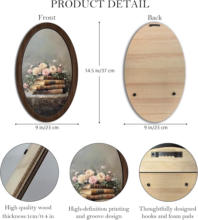 UYIKG Vintage Floral Wall Art Oval Framed,Farmhouse Oval Wooden Wall Decor,Oil Painting Art Wooden Framed Decor for Theme Room Home Bedroom Living Room Reading Room 9x14.6 in