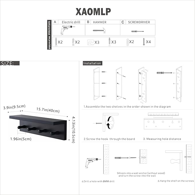 Entrance Coat Rack ，Coat Hooks, Wall-Mounted Wooden Hook Rack, Wall-Mounted Shelves are Very Suitable (Black Color Finish—A-1)