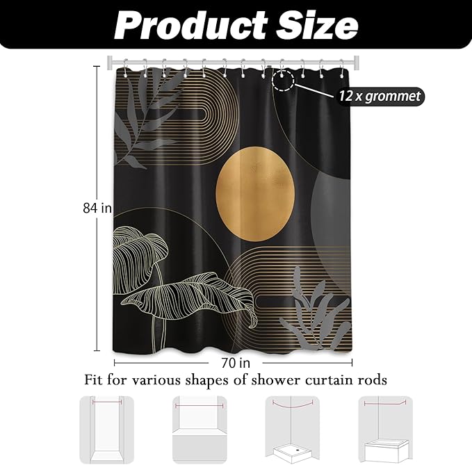Black and Gold Shower Curtain Dark Mid Century Modern Boho Shower Curtains for Bathroom Decor MCM Masculine Cool Bath Curtain Set, Waterproof Fabric with Hooks 70 x 84 Inch