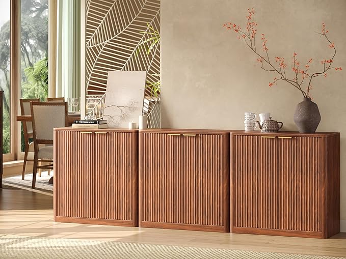 Evermagin 94.5" Walnut Buffet Cabinet with Storage, Large Sideboard Cabinet, Mid Century Modern Accent Credenza, Fluted Console Table with Doors for Dining Room, Kitchen, and Living Room