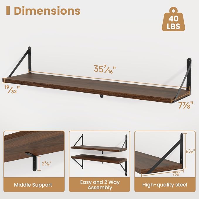 Heimlove Floating Book Shelves for Wall,35.4 Inches Long Wall Mounted Bookshelves,Heavy Duty Bracket Shelves for Living Room Kitchen,Laundry Room Storage & Decor,Set of 3,Walnut