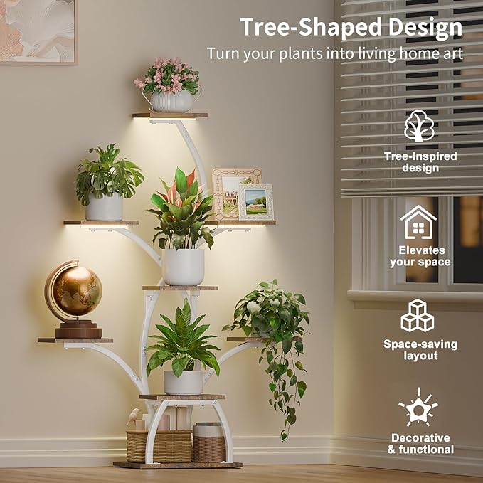 Plant Stand Indoor with Grow Lights, 6 Tiered Plant Shelf Indoor, 50" Corner Plant Stands for Indoor Plants, Lighted Tree-Shaped Plant Holder, Tall Flower Display Rack for Living Room, Patio（White)