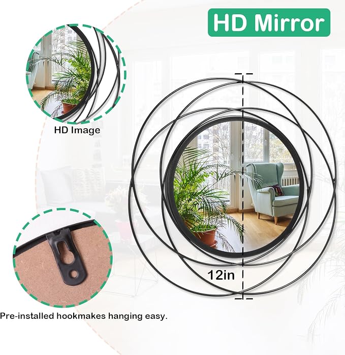 3 Set Black Wall Mirror Black Small Round Decorative Mirrors, Circle Metal Art Mirror Home Decor Bathroom Vanity, Living Room or Bedroom 12”